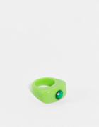 Asos Design Ring In Green Plastic With Green Crystal