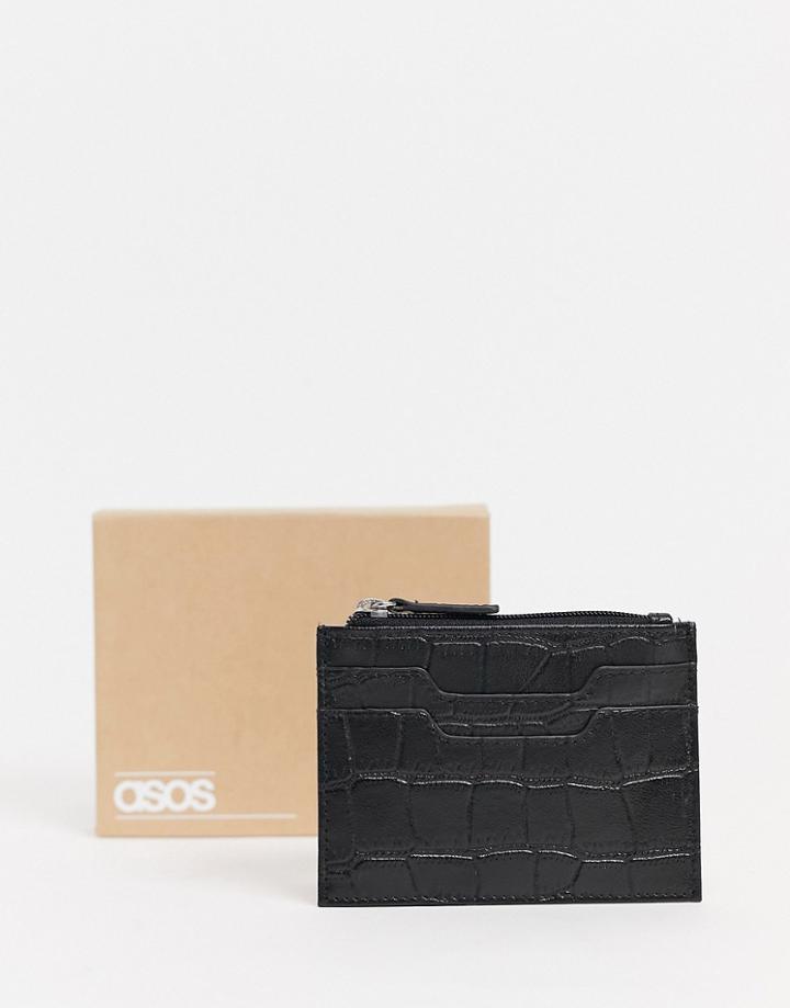 Asos Design Leather Cardholder In Matte Black Croc With Zip