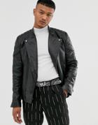 Asos Design Leather Racer Jacket In Black With Quilted Lining