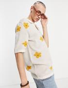 Asos Design Knitted Revere Floral Polo In Beige-neutral