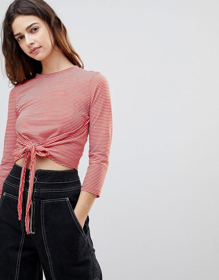 Asos Tie Front Top In Stripe With 3/4 Sleeve - Multi