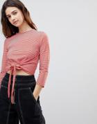 Asos Tie Front Top In Stripe With 3/4 Sleeve - Multi