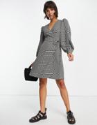Selected Femme Wrap Mini Dress With Volume Sleeves In Mono Gingham-multi