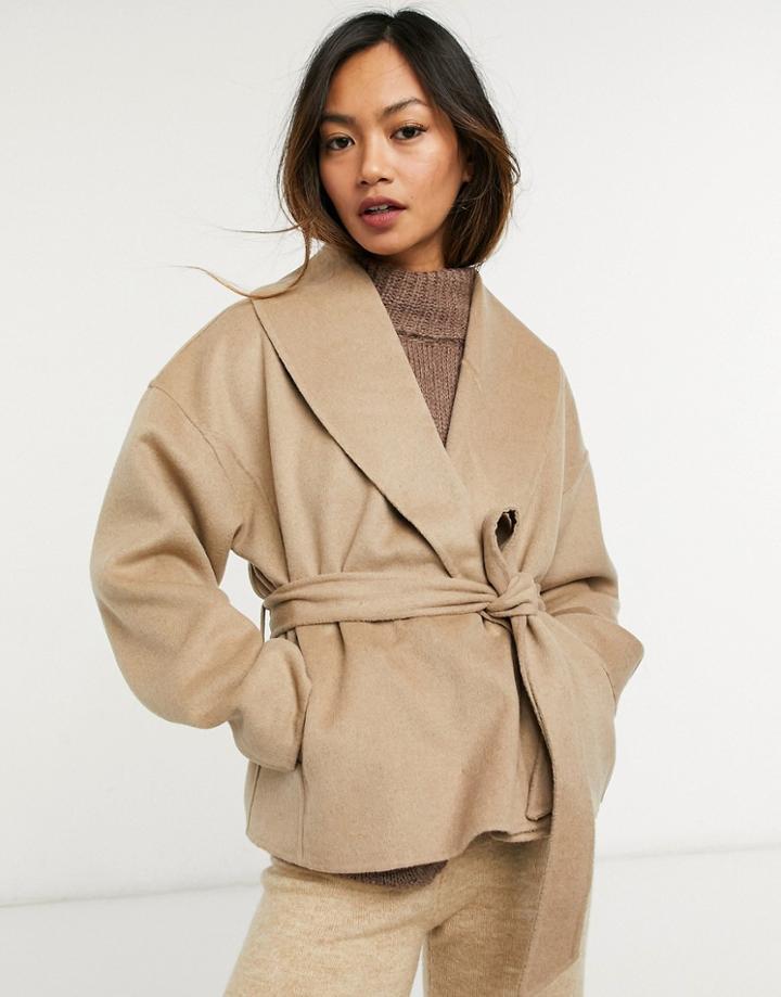 & Other Stories Recycled Wool Cropped Tie Waist Jacket In Camel-neutral