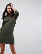 Asos Knitted Dress In Rib With Sheer Panel - Green