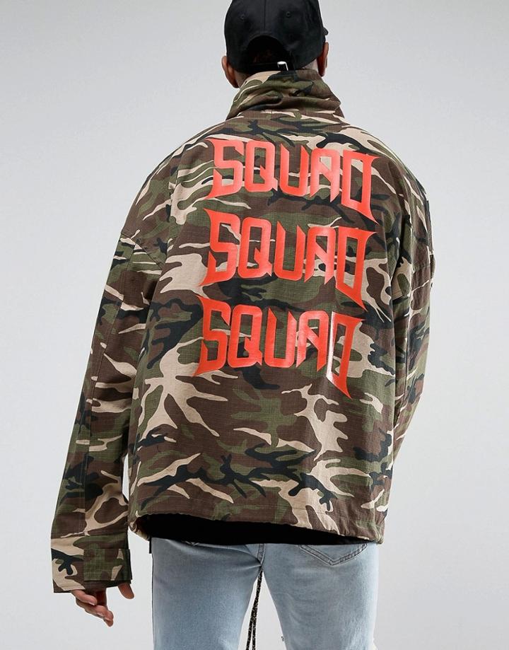 Visionair Overhead Jacket In Camo With Funnel Neck And Back Print - Green