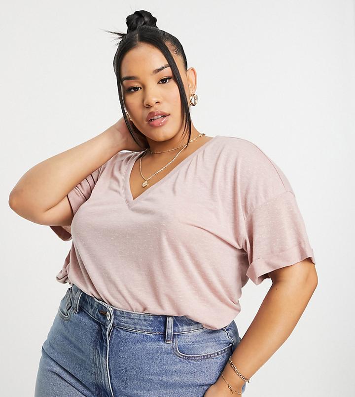 Asos Design Curve Boxy T-shirt In Linen Mix In Pink