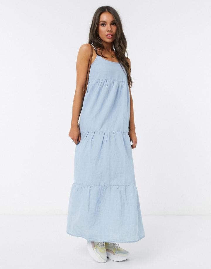 Pull & Bear Smock Denim Midi Dress In Light Blue-blues