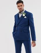 Asos Design Wedding Skinny Double Breasted Suit Jacket In Blue Wool Mix Twill - Blue
