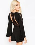Asos Tie Front Romper With Cutout Lace Back - Black