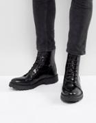 Asos Lace Up High Boots In Black Leather With Heavy Gum Sole - Black