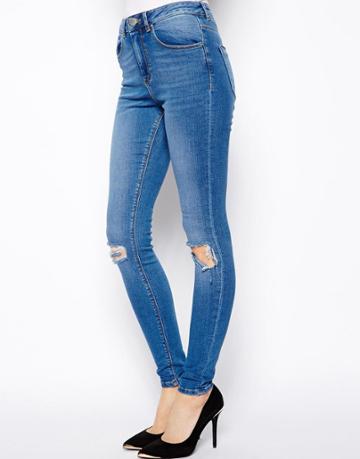 Asos Ridley High Waist Ultra Skinny Jeans In Busted Blue With Busted Knee