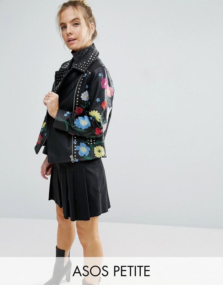 Asos Petite Floral Embroidered Leather Biker Jacket - Black