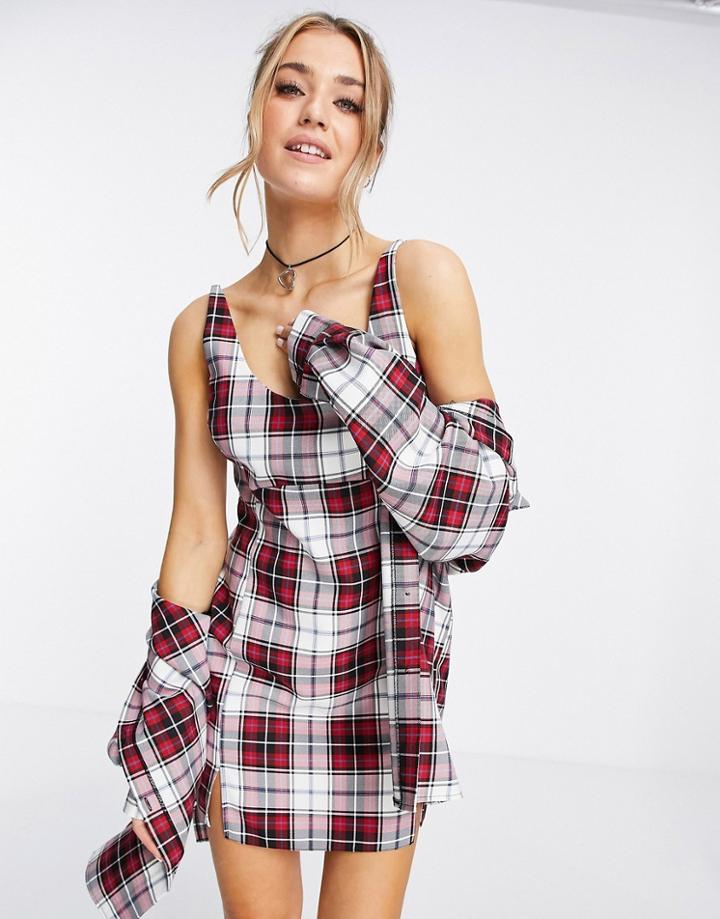 Miss Selfridge Pinny Dress In Red Plaid