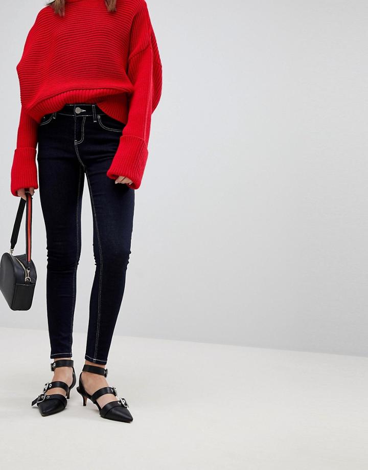 Asos Lisbon Skinny Mid Rise Jeans In Raw Indigo With Contrast Threads - Blue