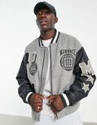 Mennace Varsity Bomber Jacket In Gray And Black With Embroidery And Patches