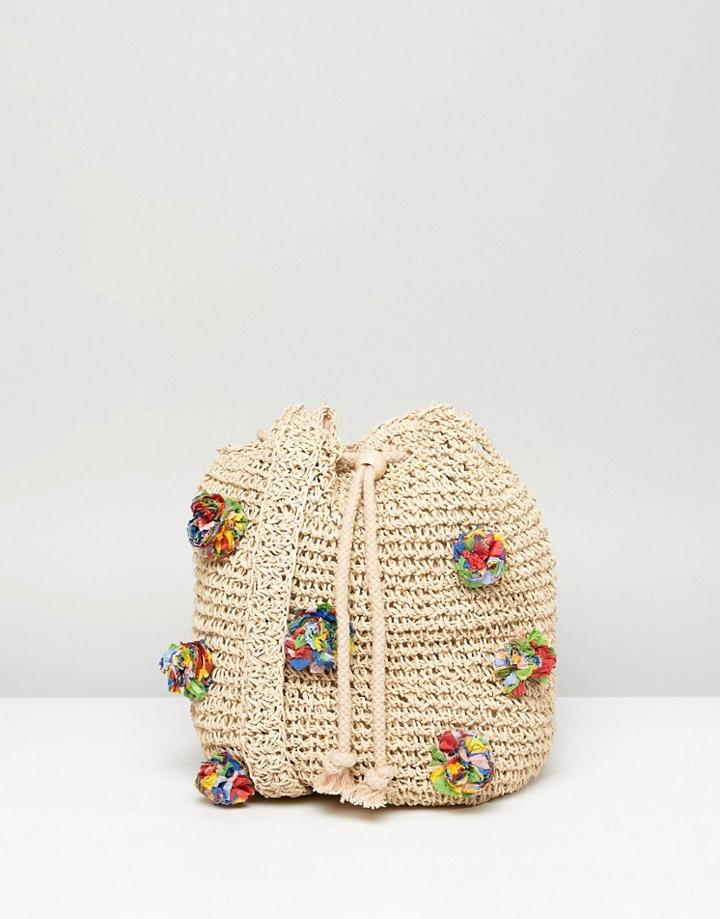 Pull & Bear Pom Pom Woven Bag In Cream - Cream