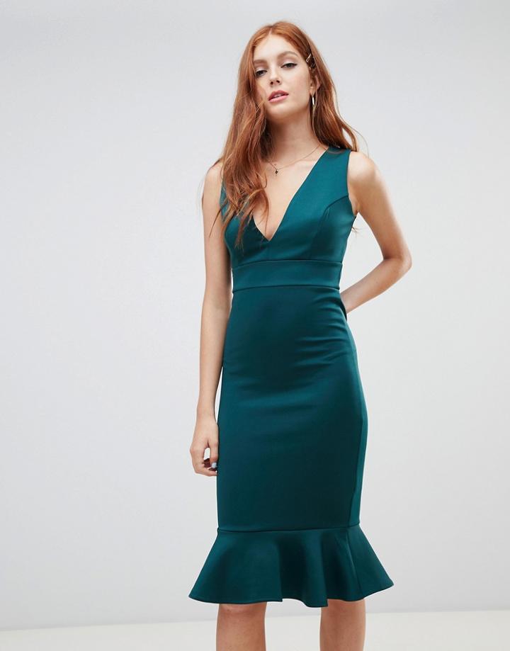 New Look Plunge Frill Hem Dress In Green - Green
