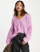 Asos Design V-neck Sweater With Textured Sleeves In Pink