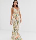 Asos Design Tall Ruffle Wrap Maxi Dress With Tie Detail In Floral Print-multi