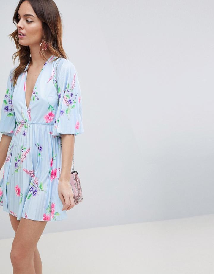Asos Design Pleated Kimono Mini Dress In Floral Print - Multi