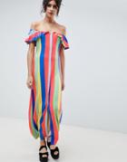 Asos Design Off Shoulder Button Through Maxi Sundress In Stripe - Multi