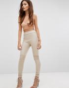 Hot! Mess Suedette Leggings With Biker Detail - Brown