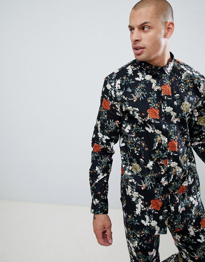 Boohooman Shirt In Floral Print - Black