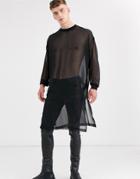 Asos Design Oversized Extreme Longline Long Sleeve T-shirt With Side Splits In Woven Fabric-black