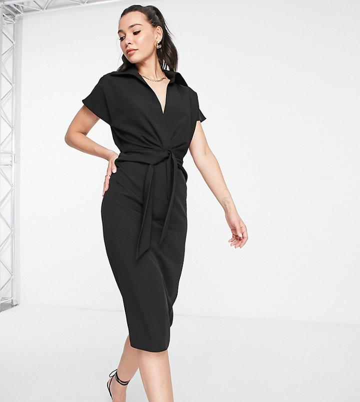 Asos Design Tall Collared Wrap Front Midi Dress With Knot In Black