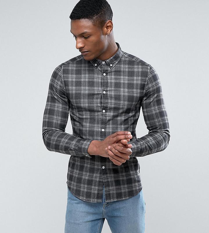 Asos Tall Skinny Denim Check Shirt In Black - Black