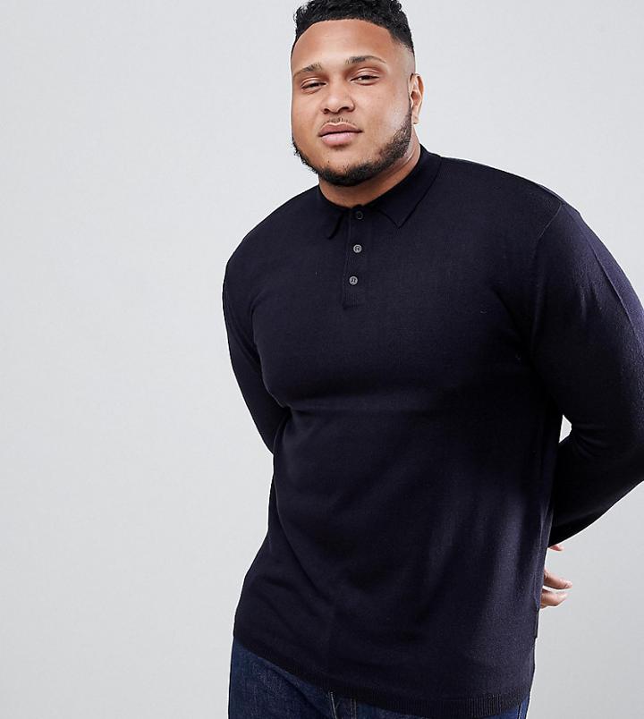 French Connection Plus Fine Gauge Long Sleeve Polo-navy