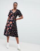 New Look Mixed Print Wrap Midi Dress - Black