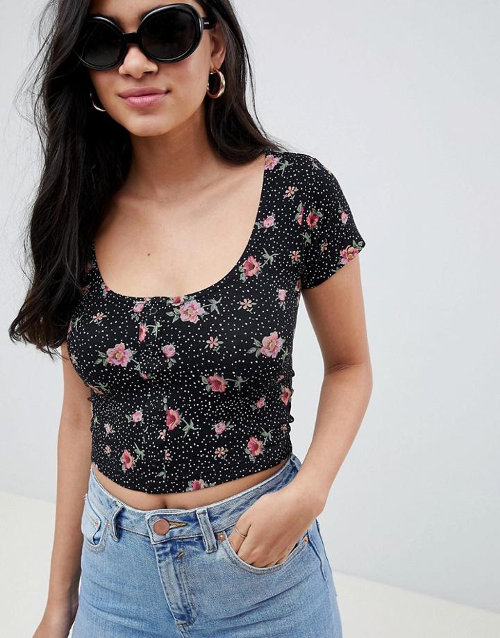 Asos Design Button Front Crop Top In Mono Spot Floral Print - Multi
