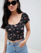 Asos Design Button Front Crop Top In Mono Spot Floral Print - Multi