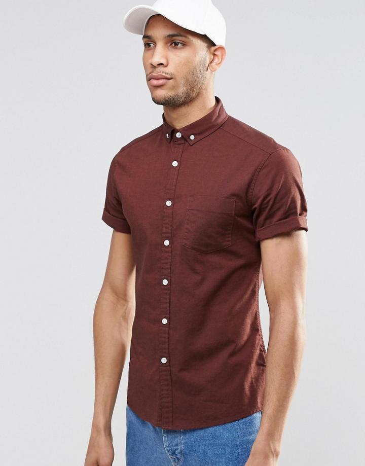 Asos Skinny Oxford Shirt In Dark Rust With Short Sleeves - Dk Rust