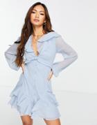 Asos Design Textured Button Through Lace Trim Mini Tea Dress In Soft Blue-blues
