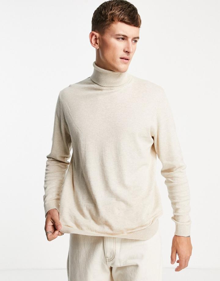 Asos Design Cotton Knit Roll Neck Sweater In Oatmeal Heather-neutral