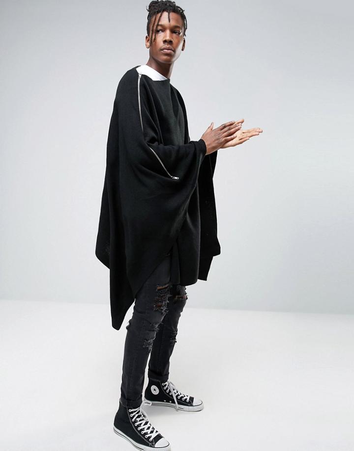 Asos Poncho With Side Zip In Black - Black