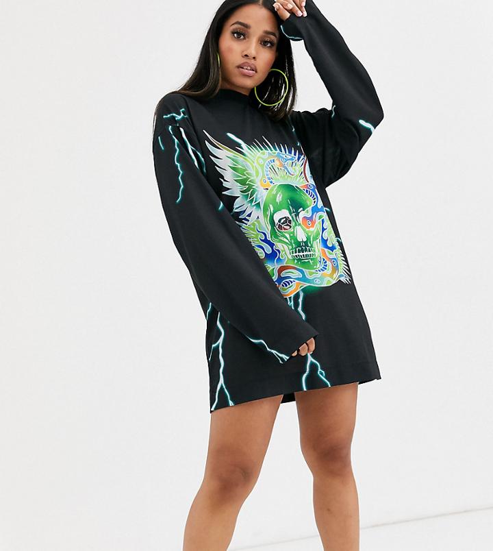 Collusion Petite Skull And Lightning Long Sleeve T Shirt Dress