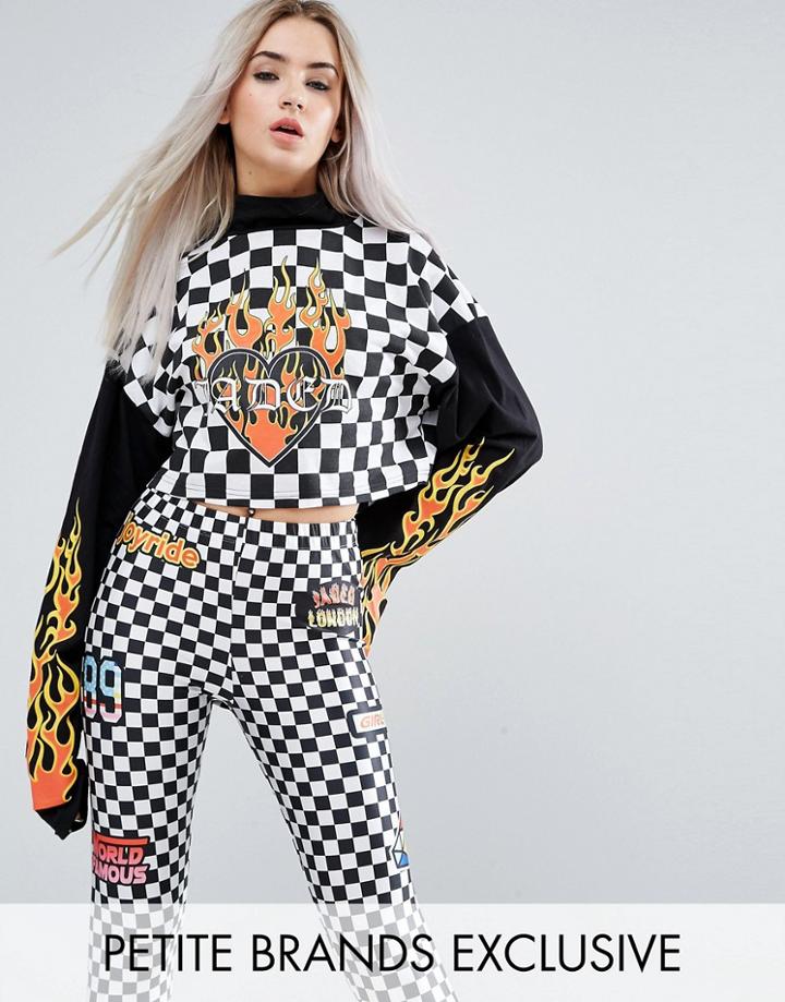 Jaded London Petite Cropped Long Sleeve Top In Check Logo Print - Multi