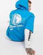 Asos Design Oversized Double Layer Hoodie In Blue With Sleeve Prints-blues