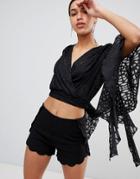 Love Wrap Crop Top With Sleeve Detail - Black