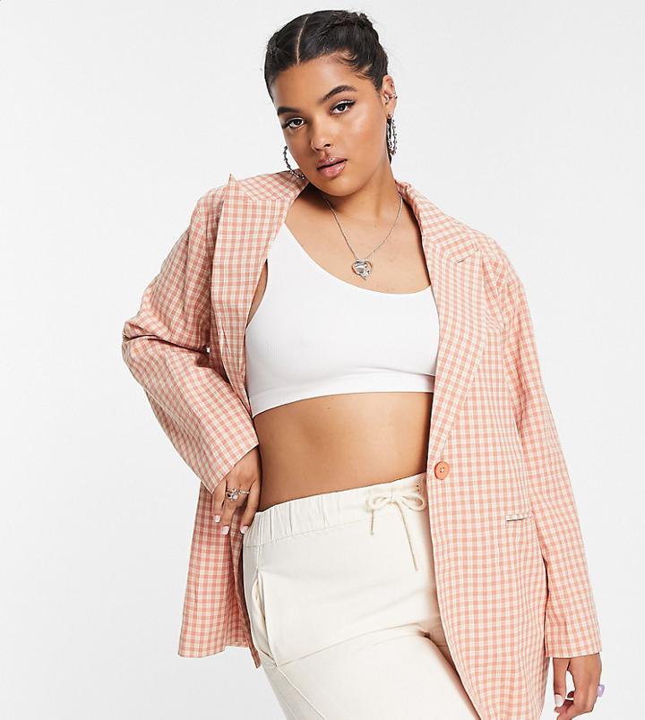 Heartbreak Plus Oversized Blazer In Peach Gingham - Part Of A Set-gray