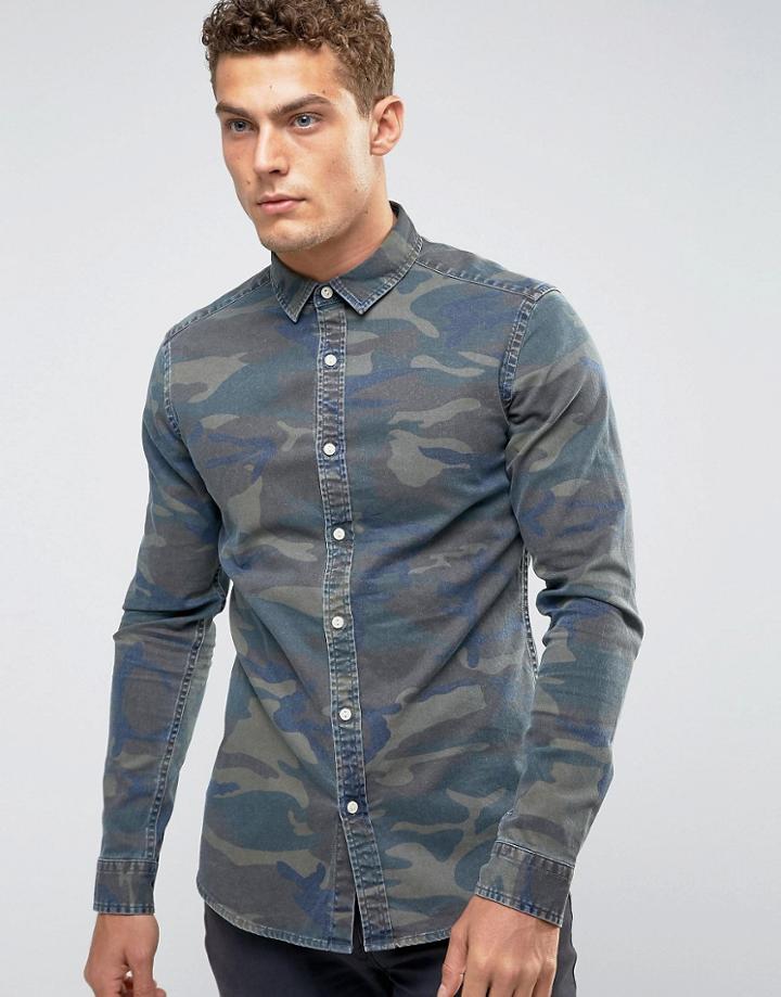 Asos Skinny Denim Shirt With Camo Print - Green