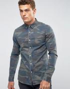 Asos Skinny Denim Shirt With Camo Print - Green