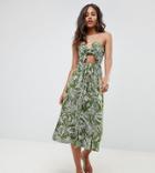 Asos Design Tall Midi Sundress With Tie Front In Palm Print - Multi