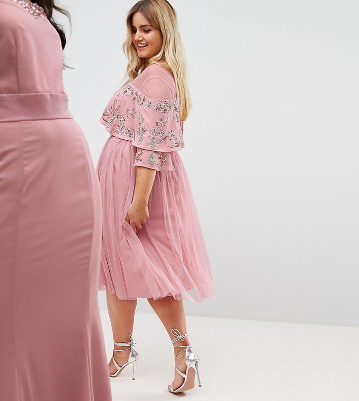 Maya Plus Sheer Detail Sequin Cape Overlay Detail Midi Dress - Pink