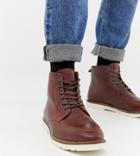 Asos Design Wide Fit Lace Up Boots In Brown Leather With White Sole - Brown