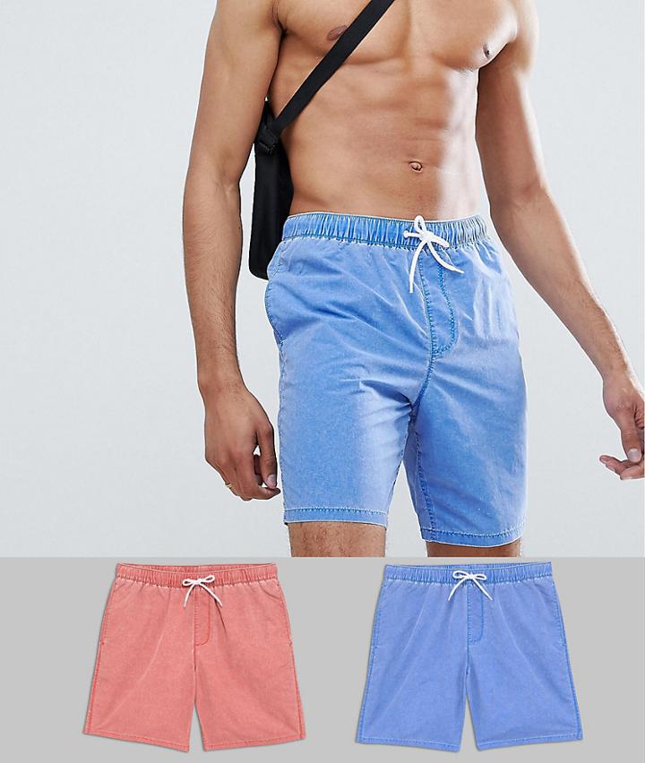 Asos Design Tall Swim Shorts 2 Pack In Red & Blue Acid Wash Mid Length Save - Multi